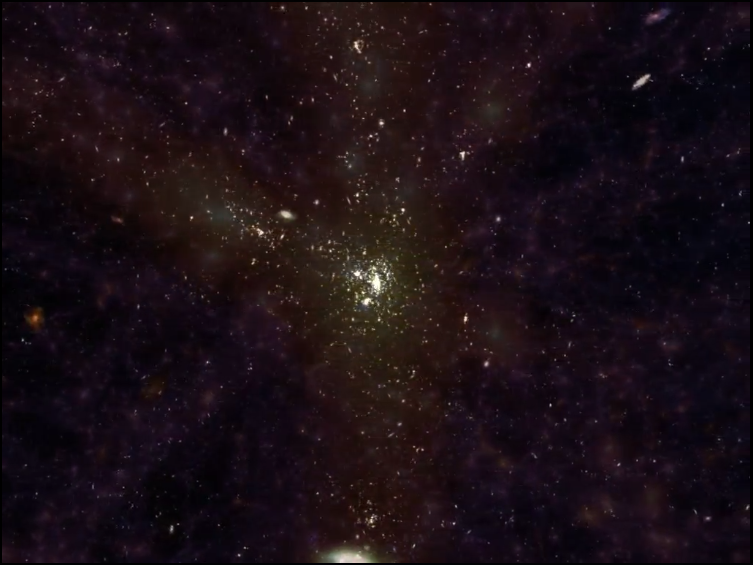 GALFORM-predicted galaxy locations in a region of the Millennium Simulation centred on a massive dark matter halo